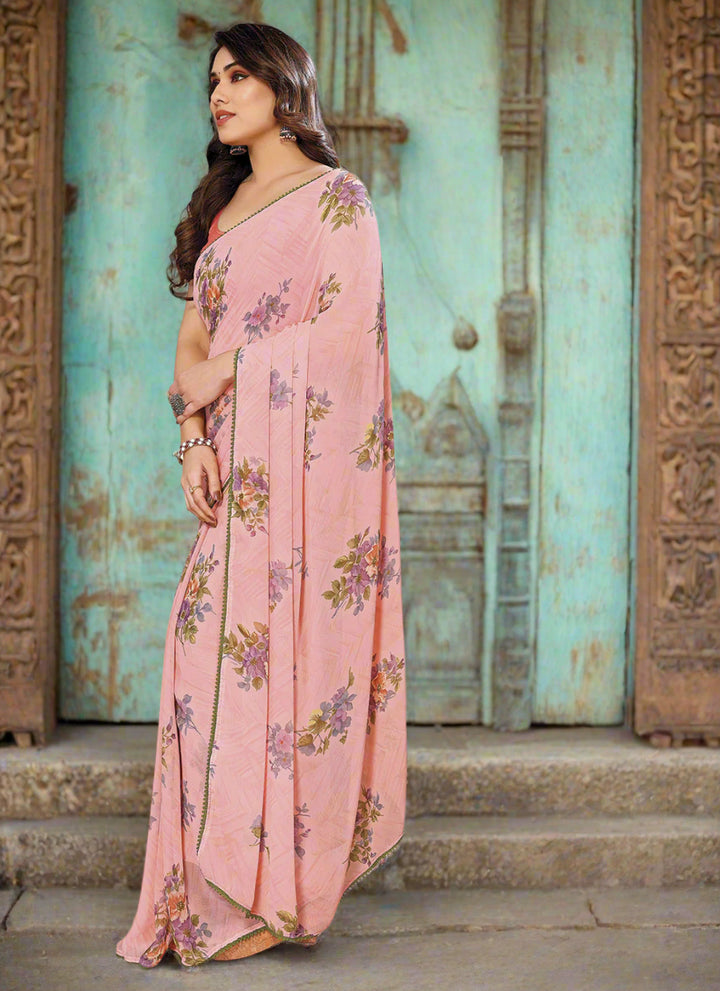 Georgette Saree with Designer Printed Bottom | Wedding & Party Wear