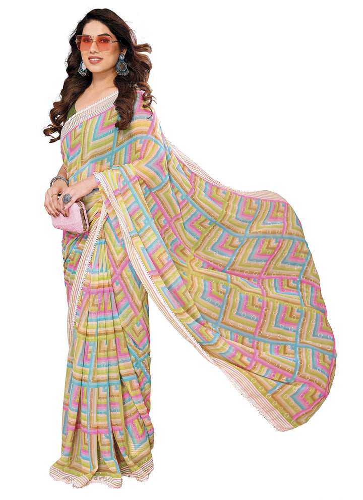 Designer Printed Saree | Georgette Partywear with Elegant Lace Details
