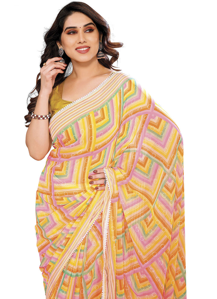Designer Printed Saree | Georgette Partywear with Elegant Lace Details