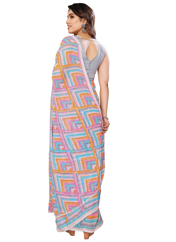 Designer Printed Saree | Georgette Partywear with Elegant Lace Details