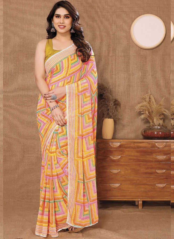 Designer Printed Saree | Georgette Partywear with Elegant Lace Details