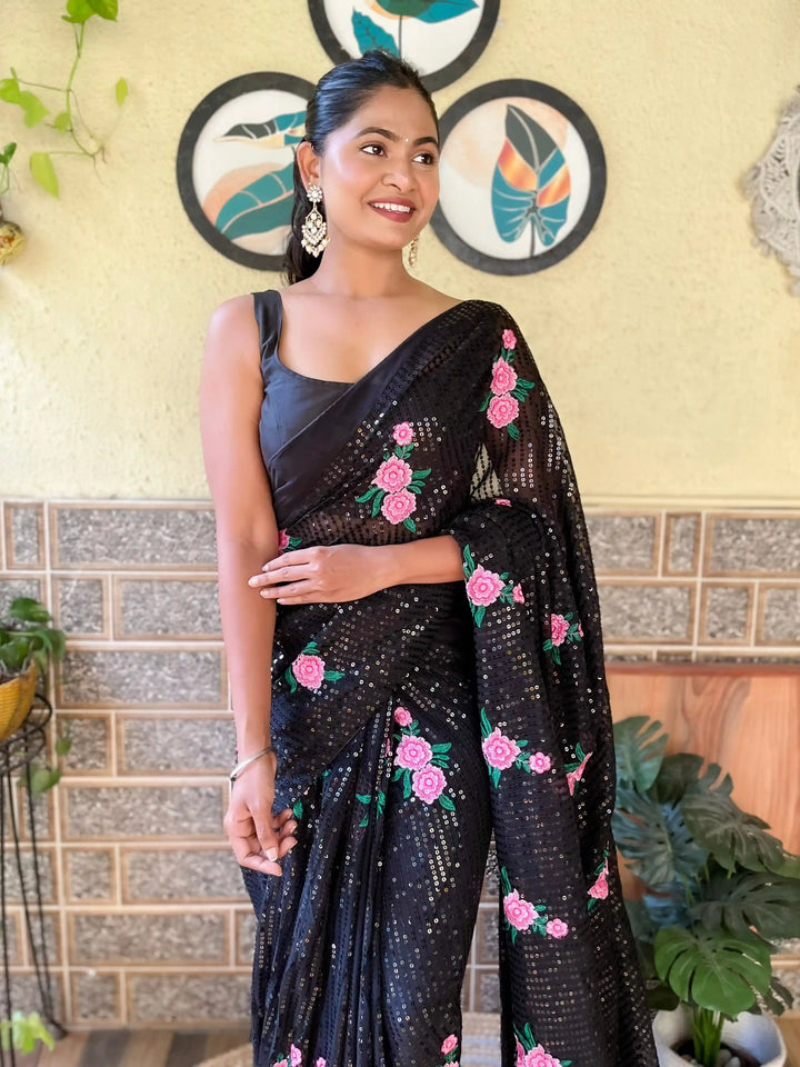 Elegant Georgette Saree with Sequins & Embroidery | Art-Silk Blouse for Weddings