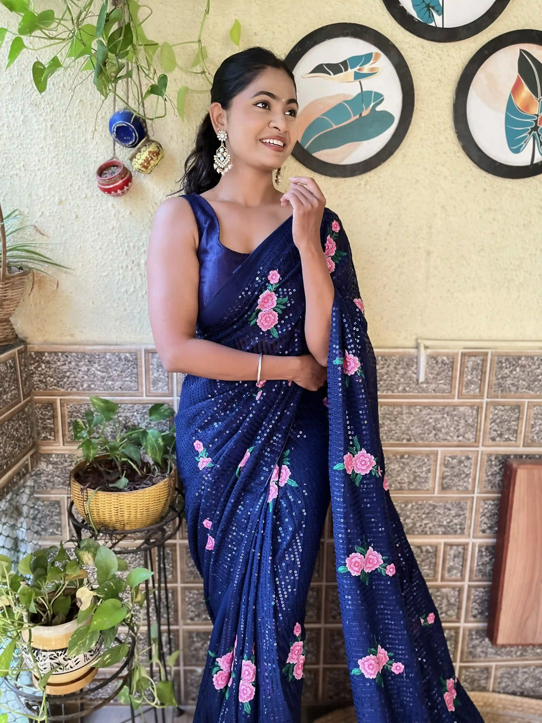 Elegant Georgette Saree with Sequins & Embroidery | Art-Silk Blouse for Weddings