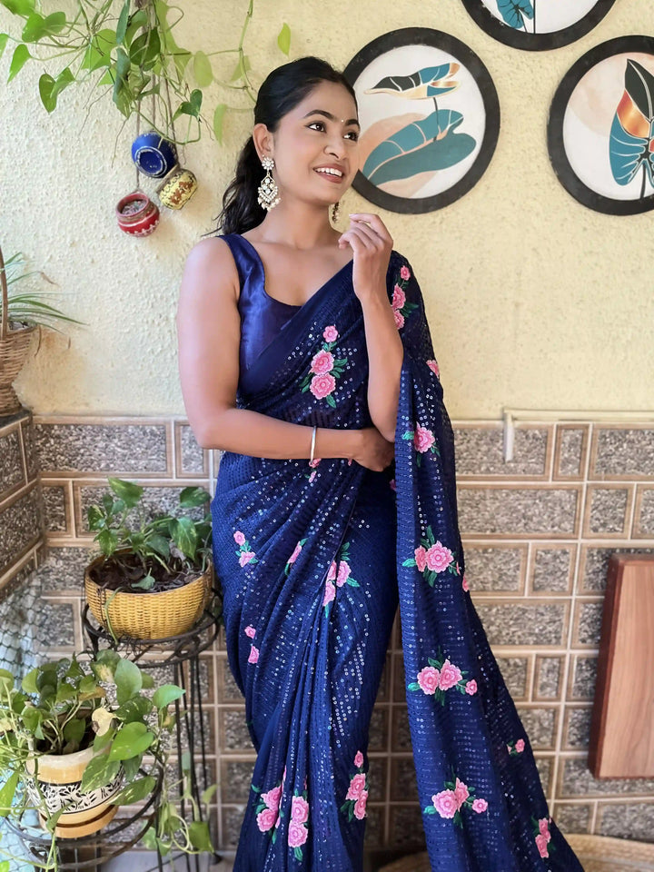 Elegant Georgette Saree with Sequins & Embroidery | Art-Silk Blouse for Weddings