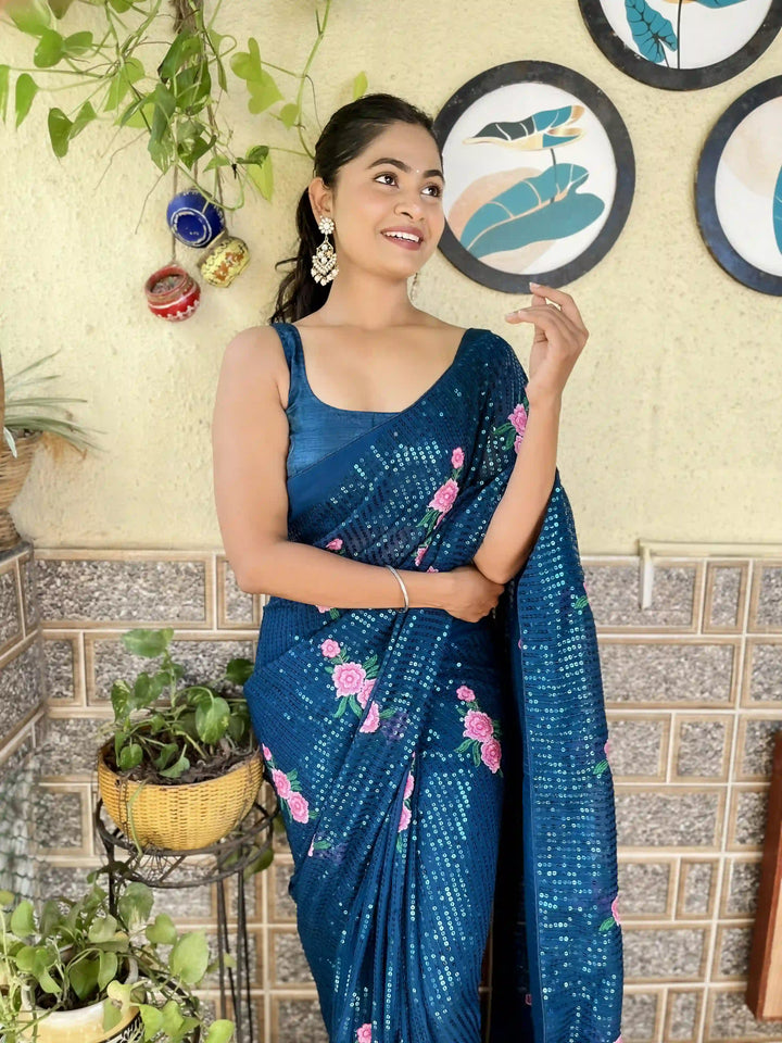 Elegant Georgette Saree with Sequins & Embroidery | Art-Silk Blouse for Weddings