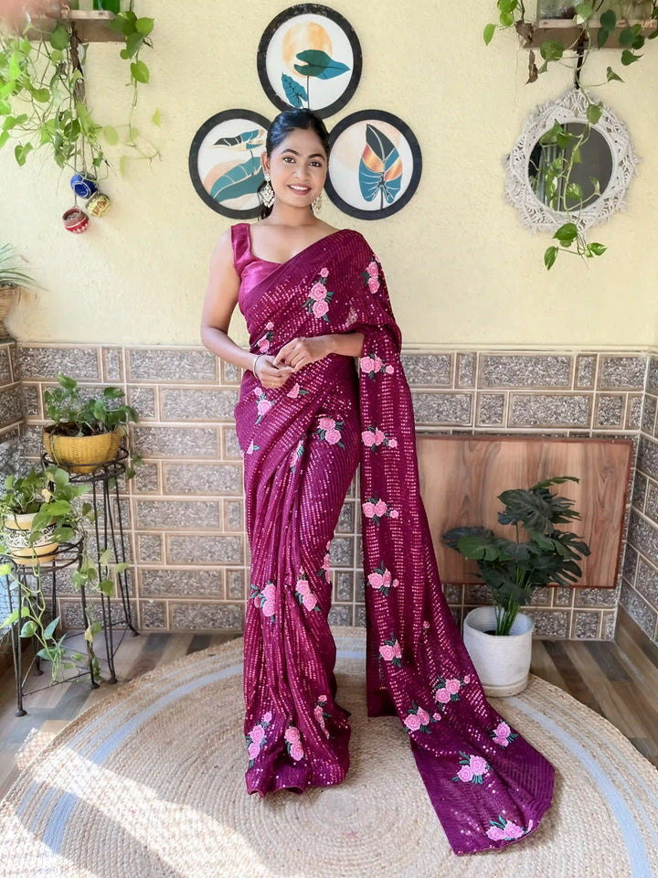 Elegant Georgette Saree with Sequins & Embroidery | Art-Silk Blouse for Weddings