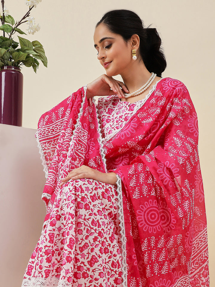 Stylish Cotton Pink Suits | Designer Printed Top with Kota Doria Dupatta