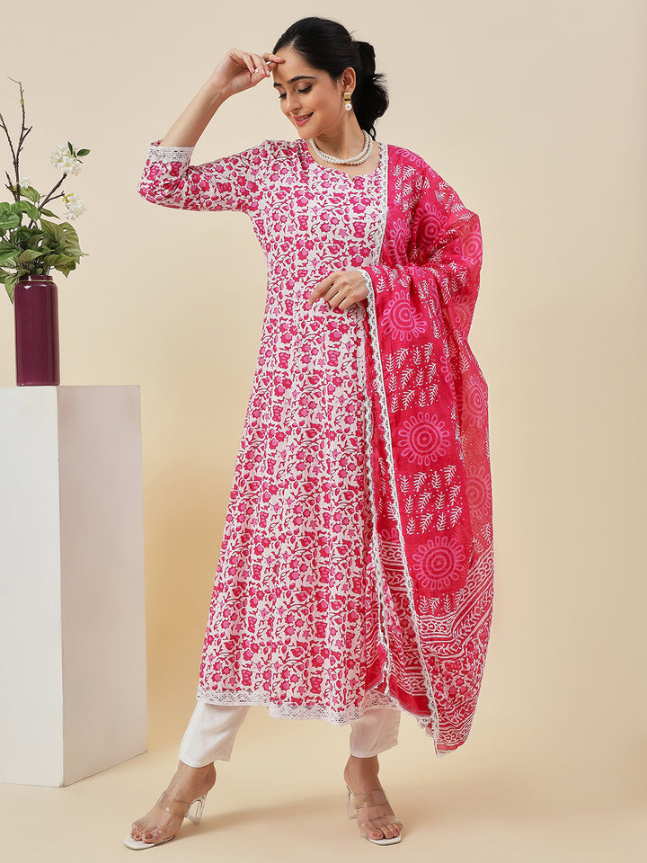 Stylish Cotton Pink Suits | Designer Printed Top with Kota Doria Dupatta