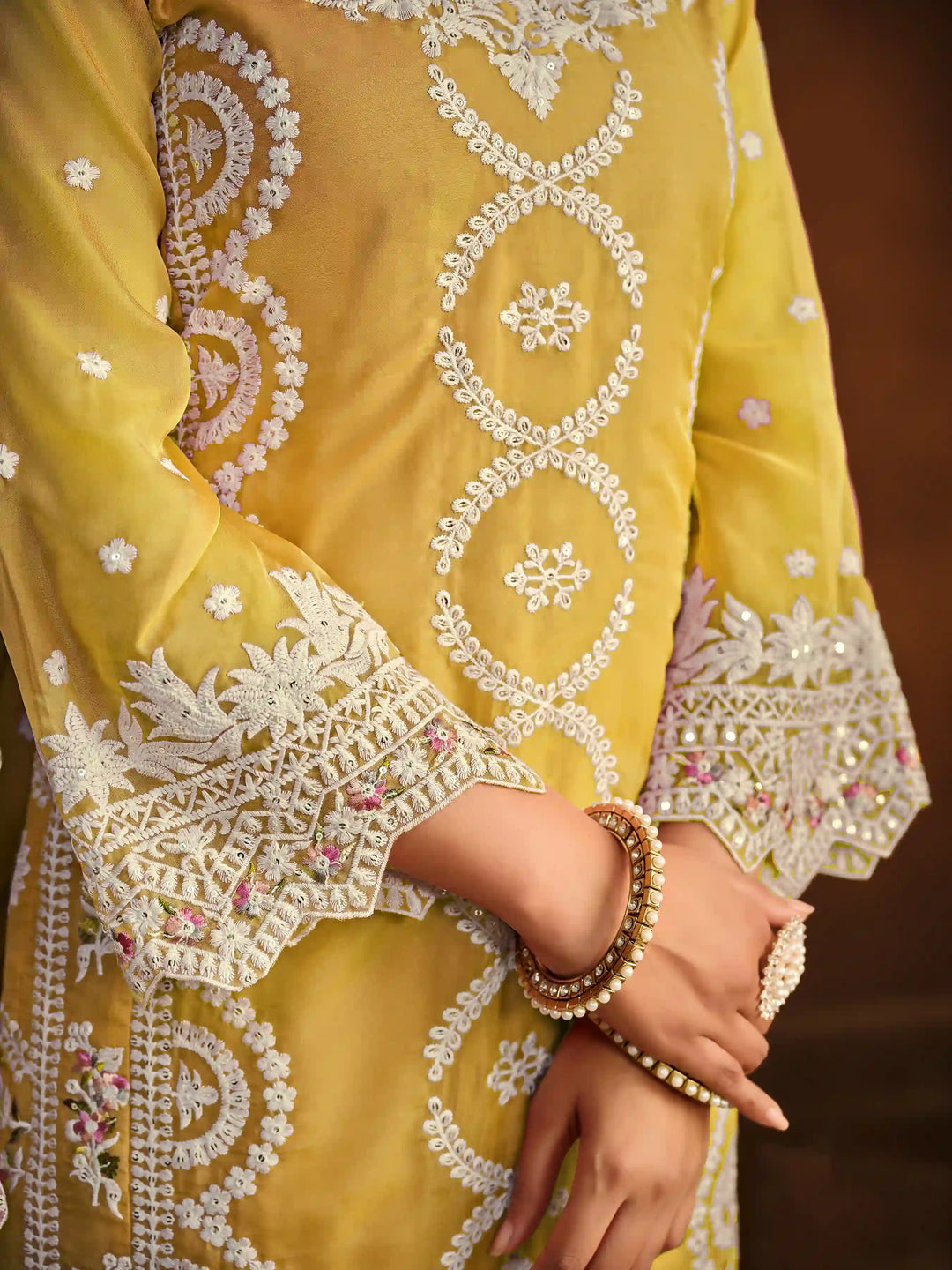 Designer Thread Embroidery Work | Organza Top & Dupatta with Santoon Bottom