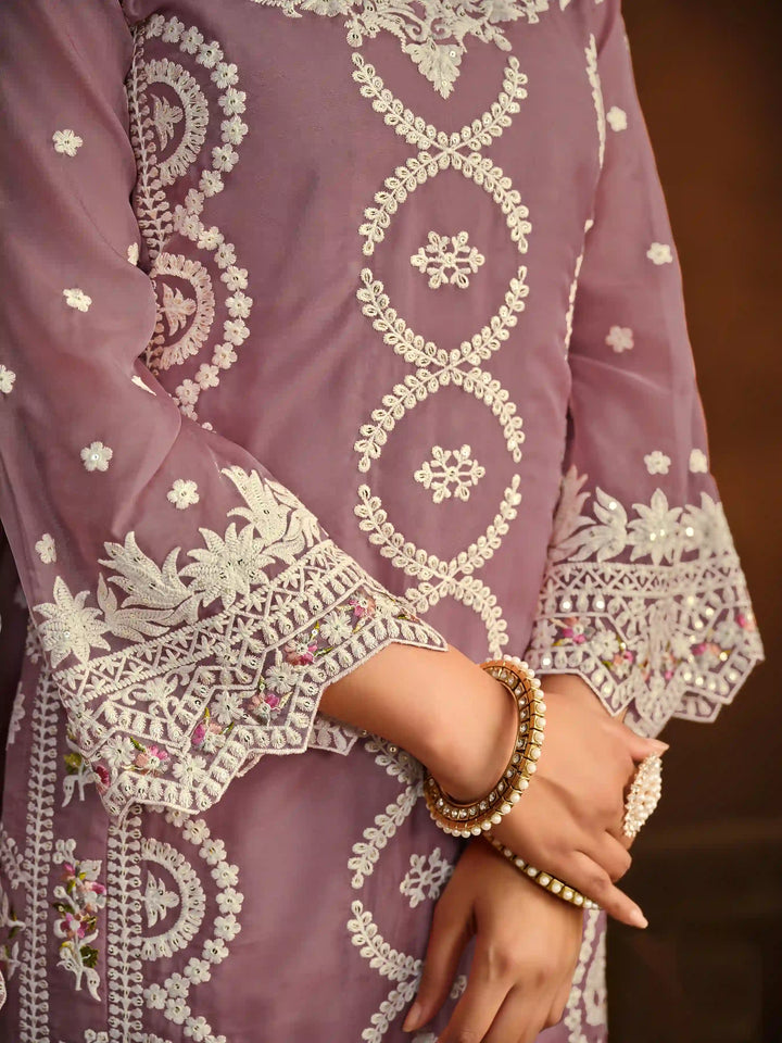 Designer Thread Embroidery Work | Organza Top & Dupatta with Santoon Bottom