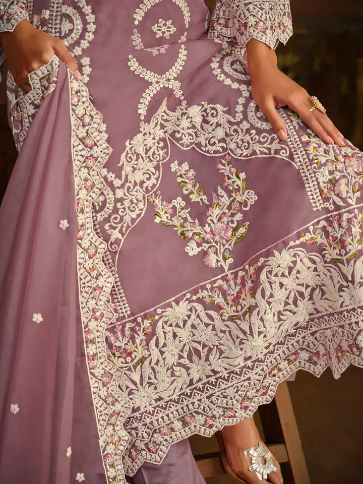 Designer Thread Embroidery Work | Organza Top & Dupatta with Santoon Bottom