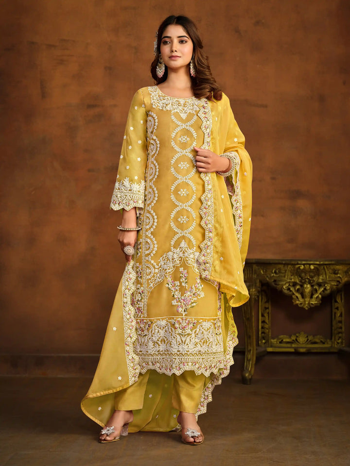 Designer Thread Embroidery Work | Organza Top & Dupatta with Santoon Bottom