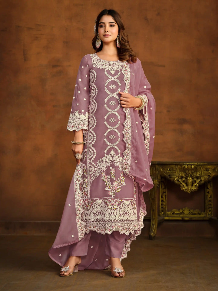 Designer Thread Embroidery Work | Organza Top & Dupatta with Santoon Bottom