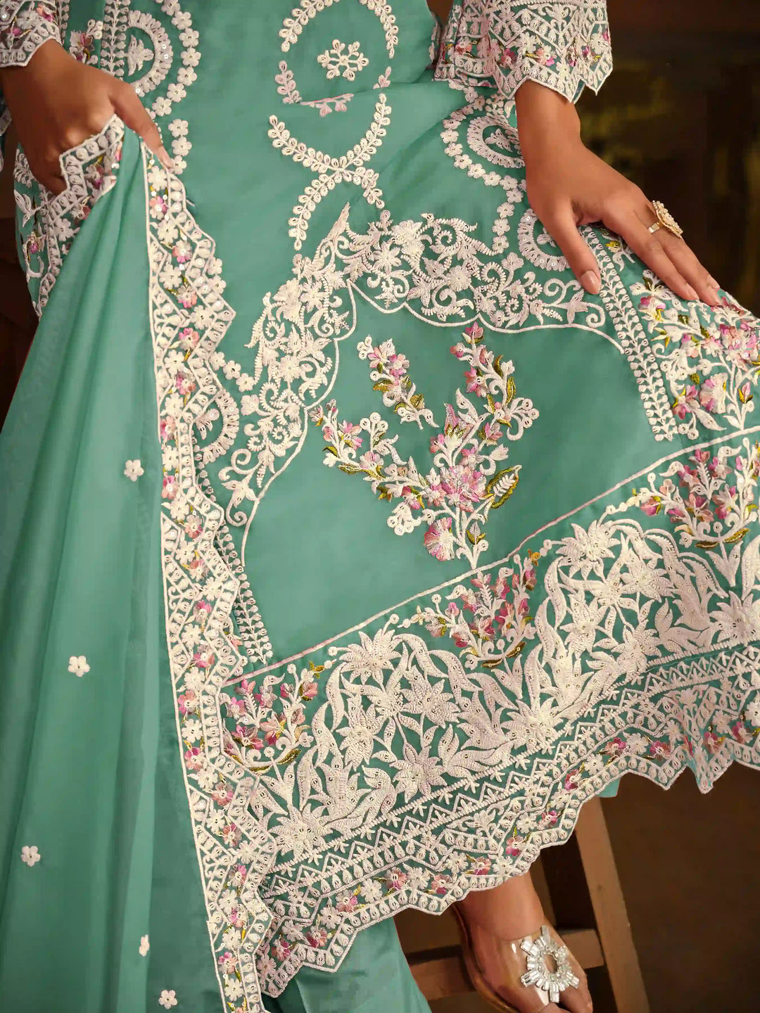 Designer Thread Embroidery Work | Organza Top & Dupatta with Santoon Bottom