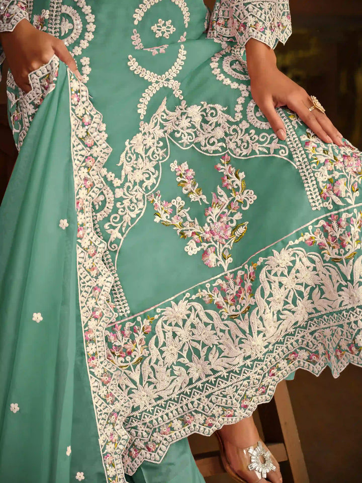 Designer Thread Embroidery Work | Organza Top & Dupatta with Santoon Bottom