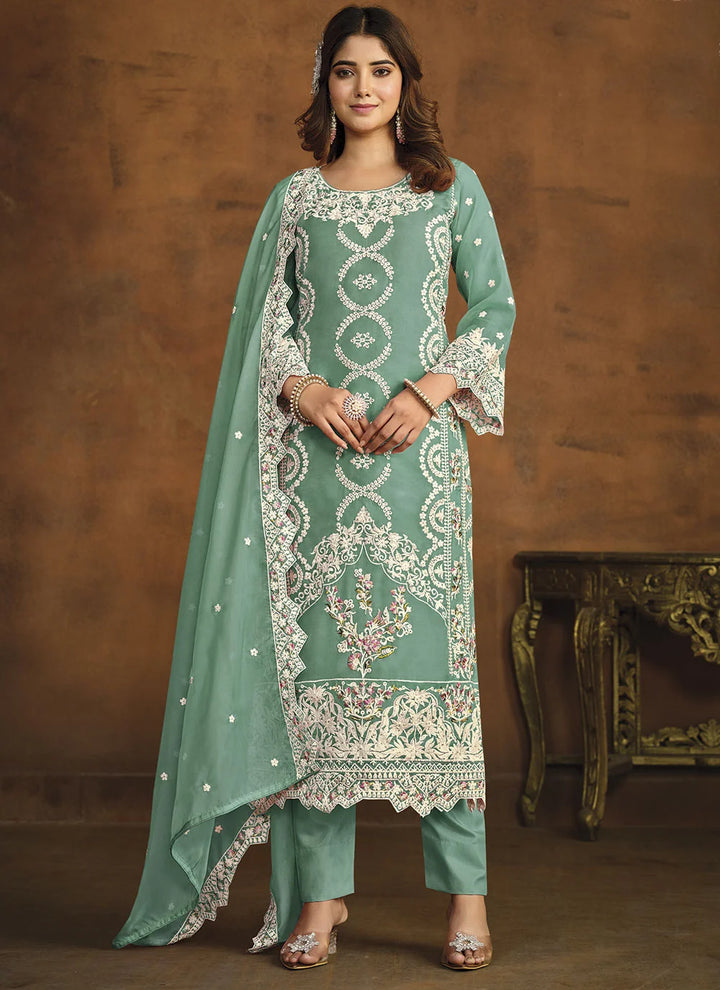 Designer Thread Embroidery Work | Organza Top & Dupatta with Santoon Bottom