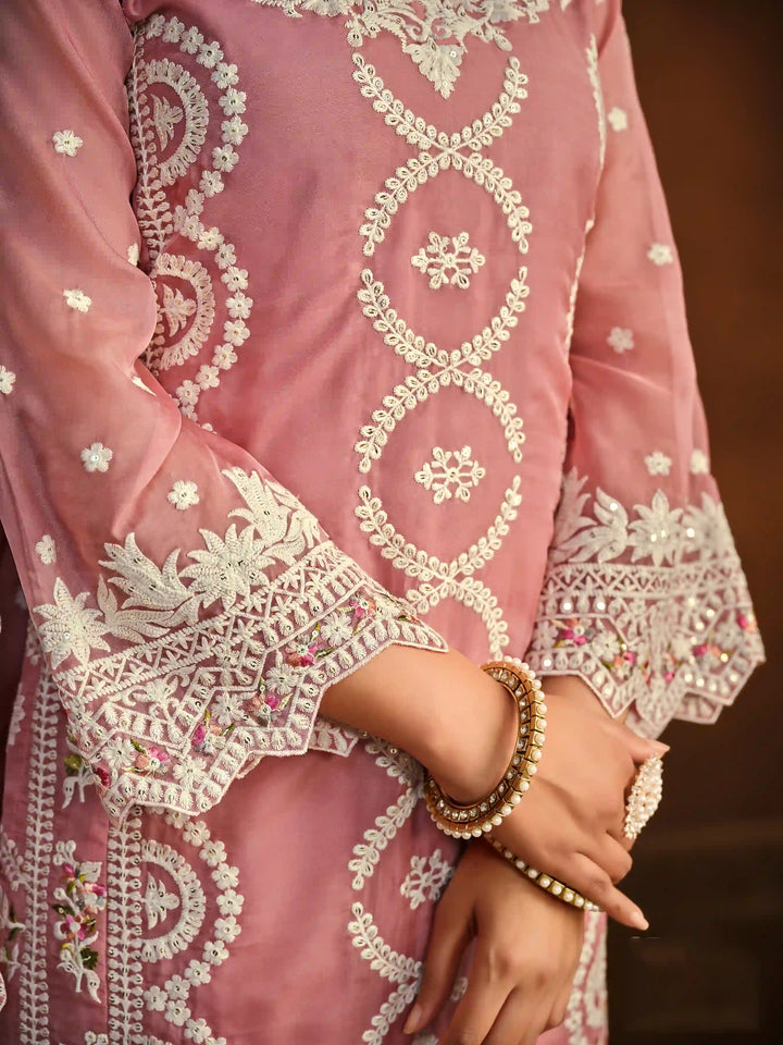 Designer Thread Embroidery Work | Organza Top & Dupatta with Santoon Bottom