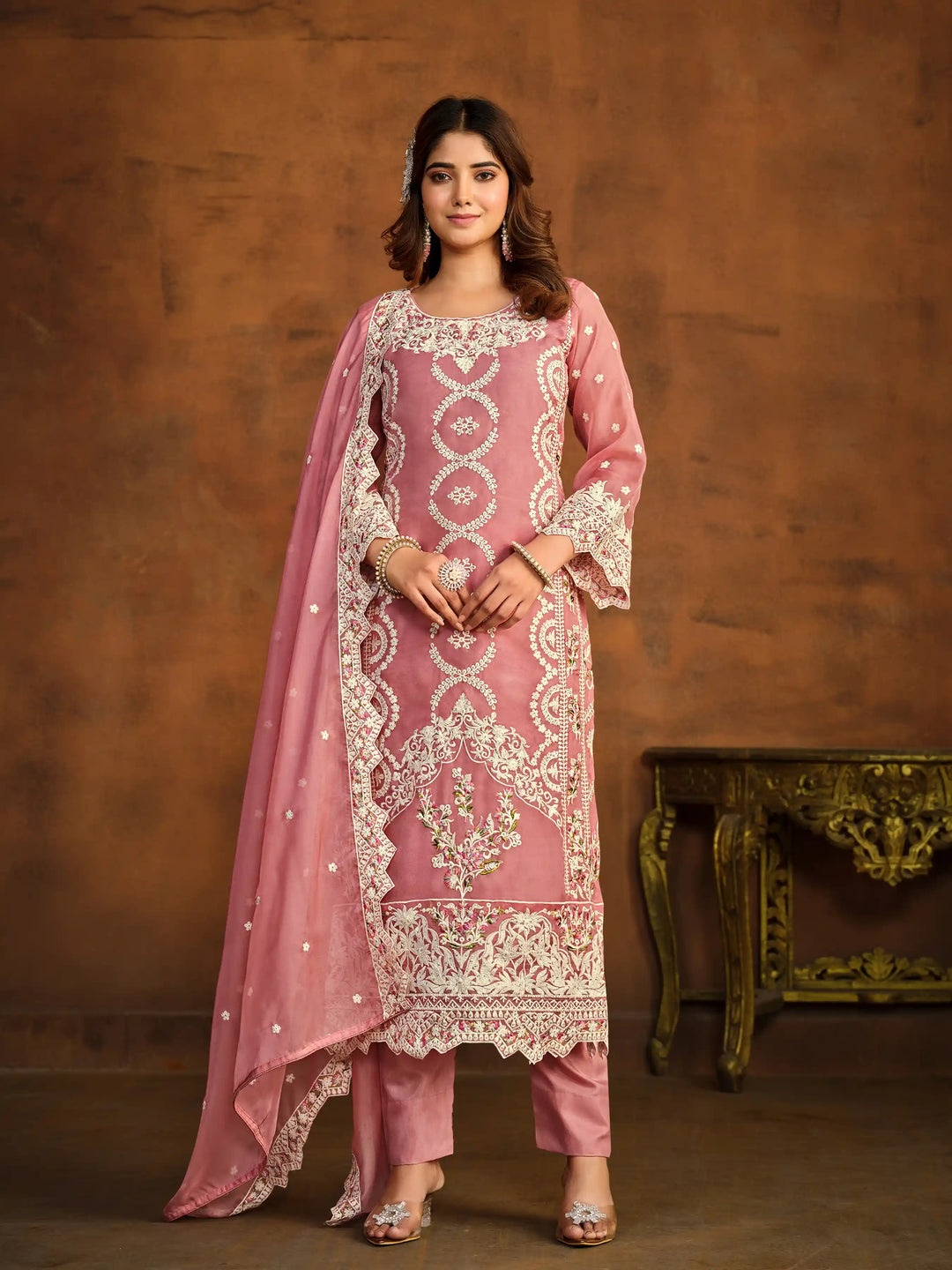Designer Thread Embroidery Work | Organza Top & Dupatta with Santoon Bottom