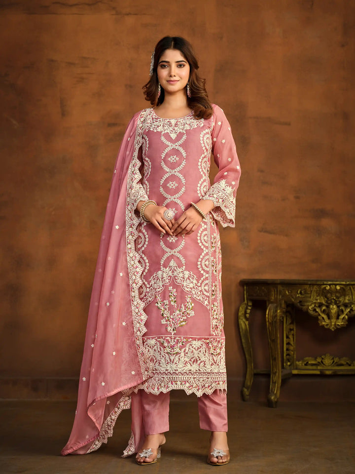 Designer Thread Embroidery Work | Organza Top & Dupatta with Santoon Bottom