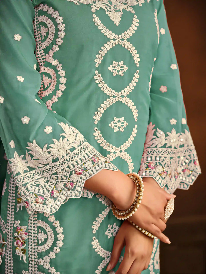 Designer Thread Embroidery Work | Organza Top & Dupatta with Santoon Bottom