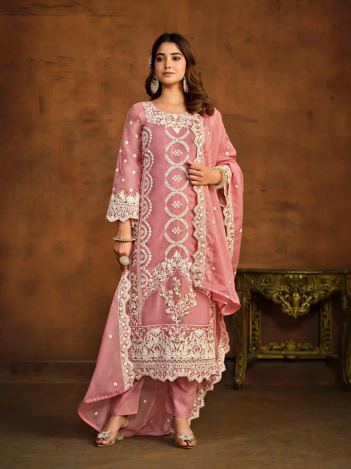 Designer Thread Embroidery Work | Organza Top & Dupatta with Santoon Bottom