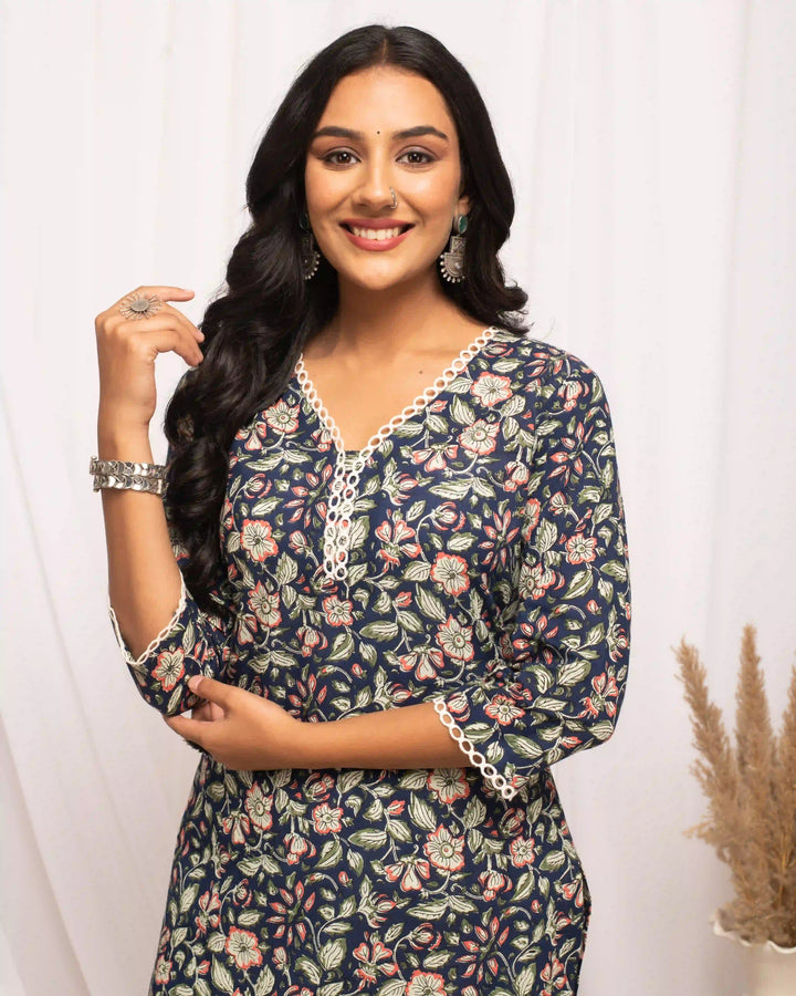 Stylish Long Blue Cotton Kurti | Designer Printed Casual Wear for Women