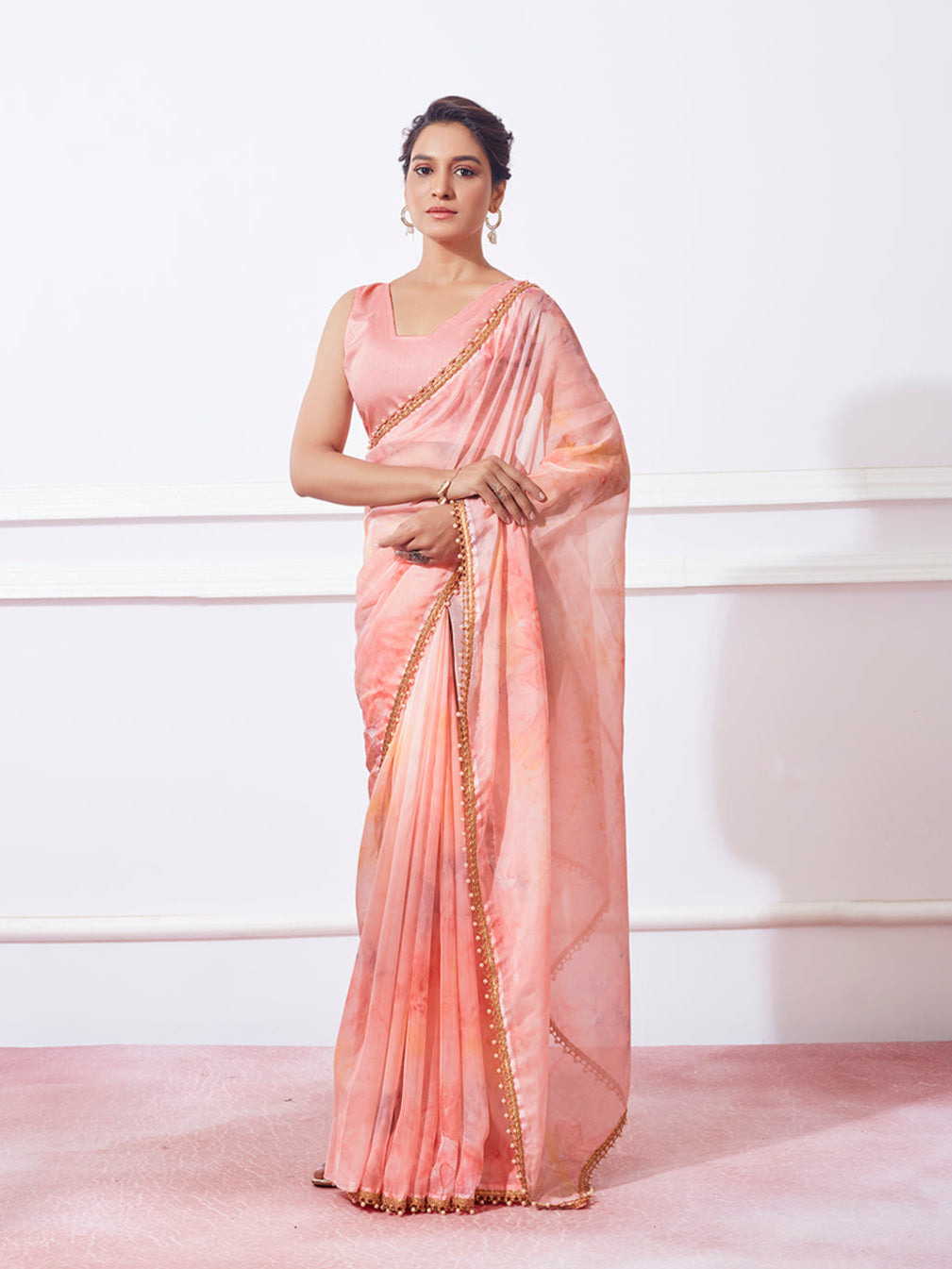 Organza Saree with Prizam Print & Moti Lace | Perfect for Weddings & Festivals