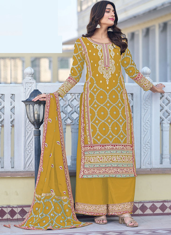 Designer Chinon Silk Suit | Embroidered Plazzo Set with Dupatta