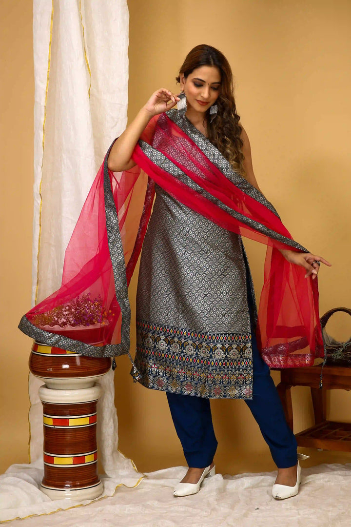 Attractive Readymade | Art Silk Suit with Designer Wevon Work