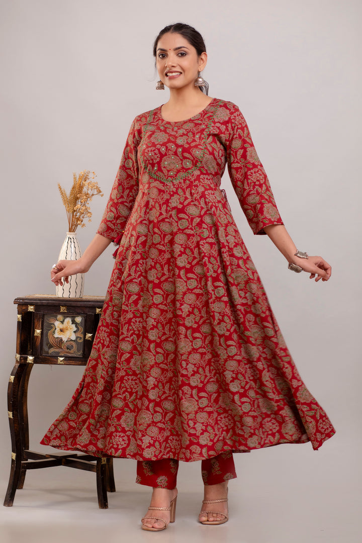 Stylish Maroon Rayon Cotton Suit | Embroidered Handwork with Dupatta