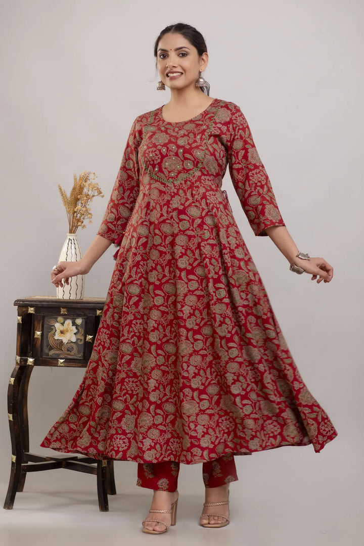 Stylish Maroon Rayon Cotton Suit | Embroidered Handwork with Dupatta
