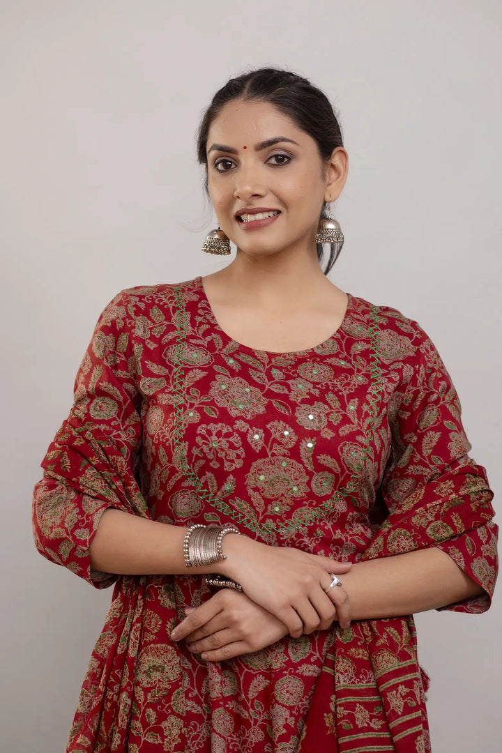 Stylish Maroon Rayon Cotton Suit | Embroidered Handwork with Dupatta