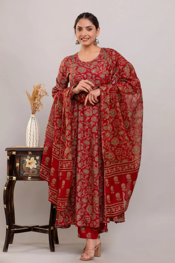 Stylish Maroon Rayon Cotton Suit | Embroidered Handwork with Dupatta