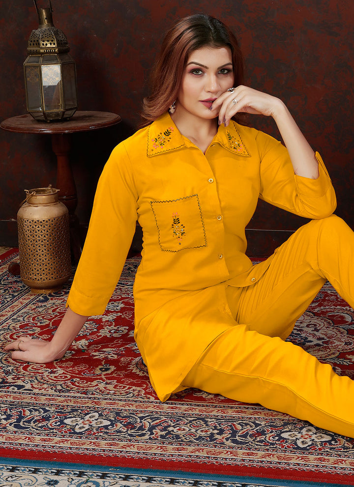 Yellow Maaza Cotton Kurti | Designer Hand Work Co-Ord Set