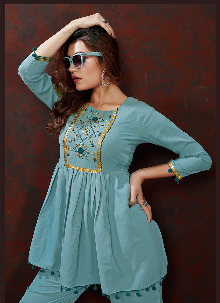 Blue Maaza Cotton Kurti | Designer Hand Work Pocket Bottom Set