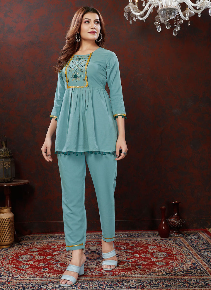 Blue Maaza Cotton Kurti | Designer Hand Work Pocket Bottom Set