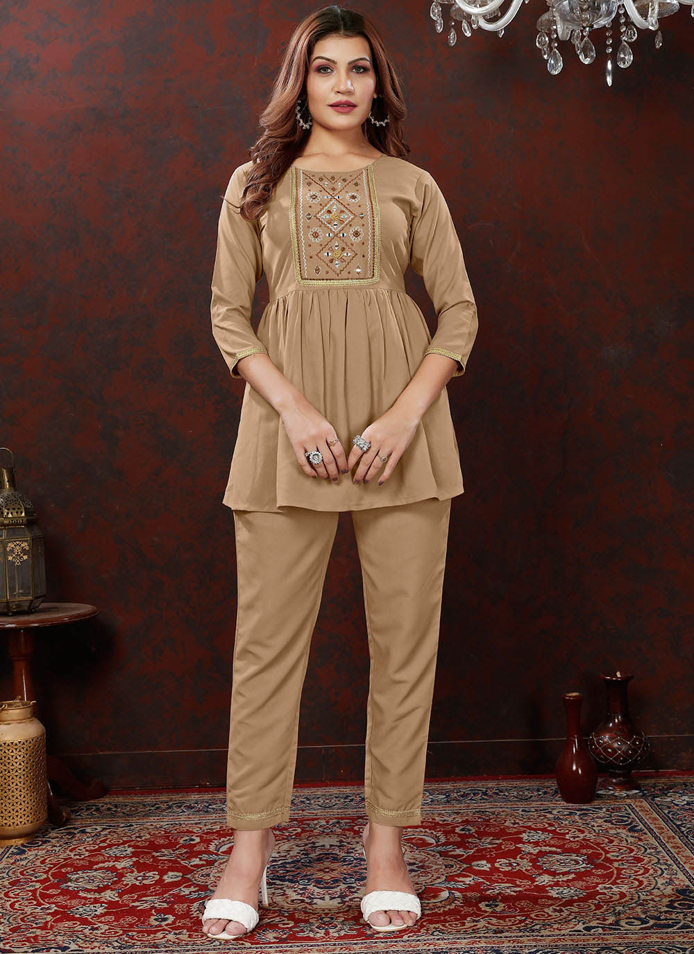 Designer Hand Work Co-Ord Set | Maaza Cotton Kurti for Women Party Wear