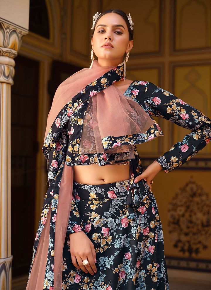Stunning Blue Lehenga | Crushed Silk Fabric with Floral Printed Work