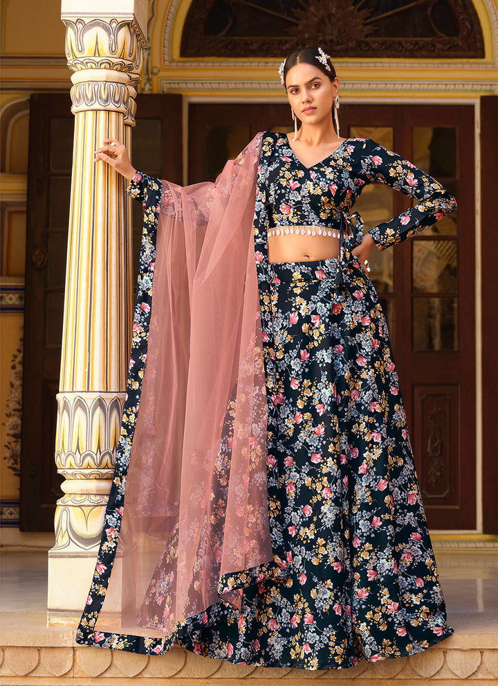 Stunning Blue Lehenga | Crushed Silk Fabric with Floral Printed Work