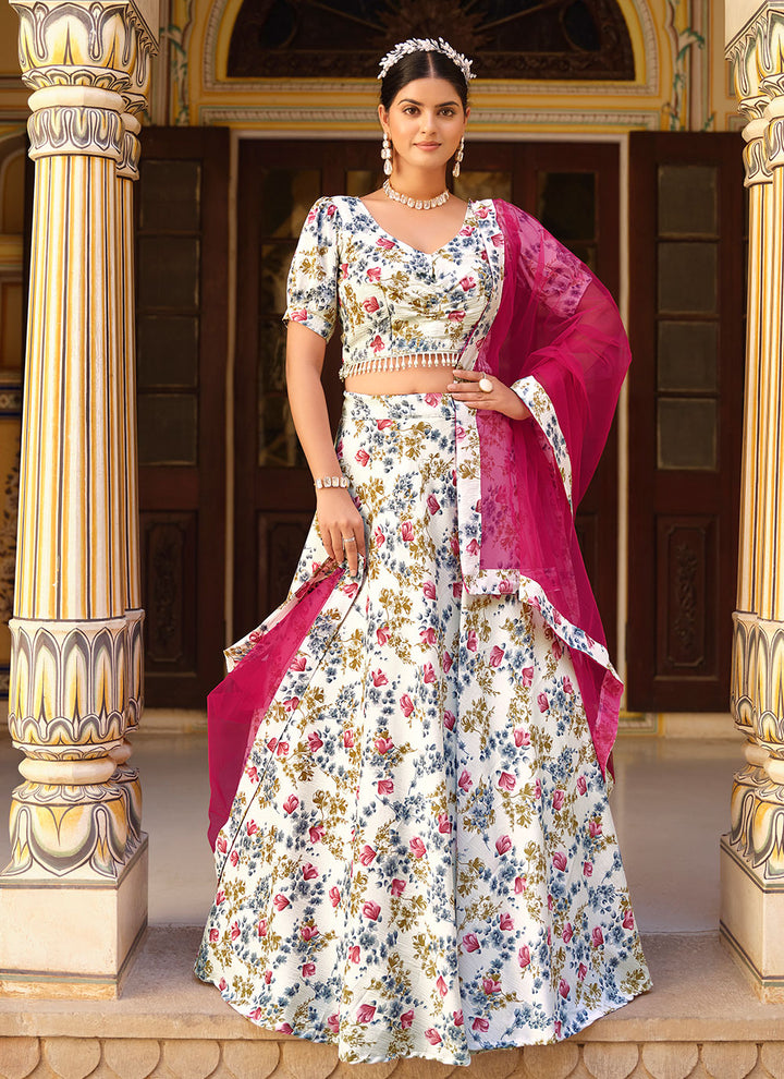 Off-White Crushed Silk Lehenga | Net Dupatta with Designer Floral Prints