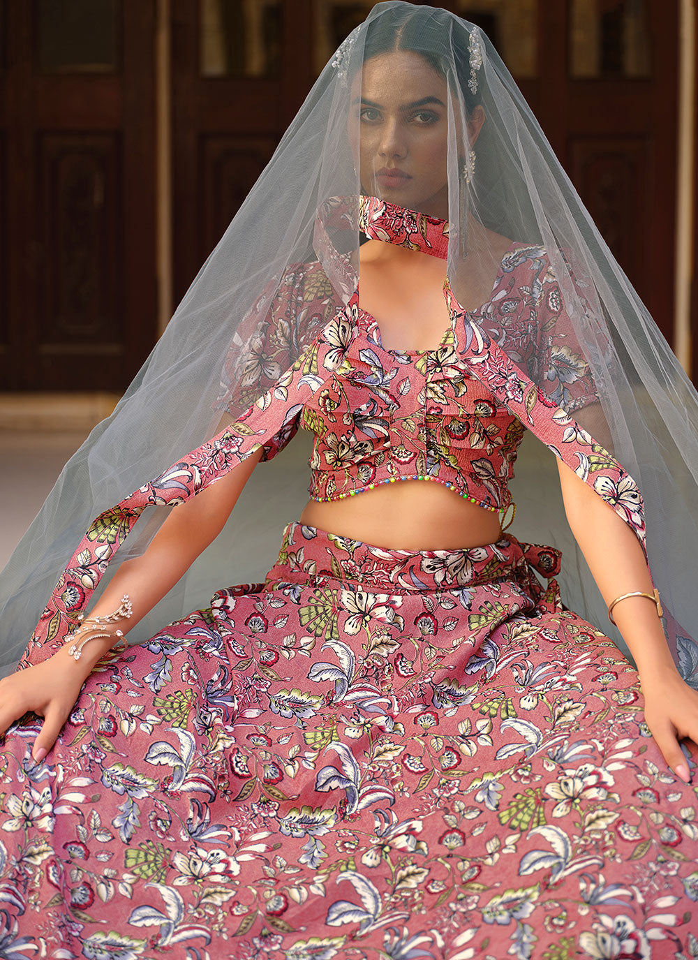 Elegant Pink Lehenga Choli | Crushed Silk & Net Dupatta for Party Wear