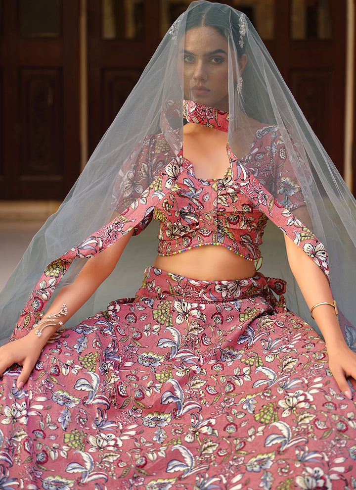 Elegant Pink Lehenga Choli | Crushed Silk & Net Dupatta for Party Wear