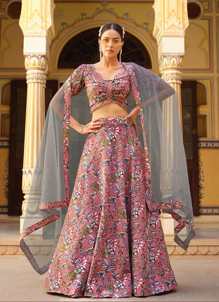 Elegant Pink Lehenga Choli | Crushed Silk & Net Dupatta for Party Wear