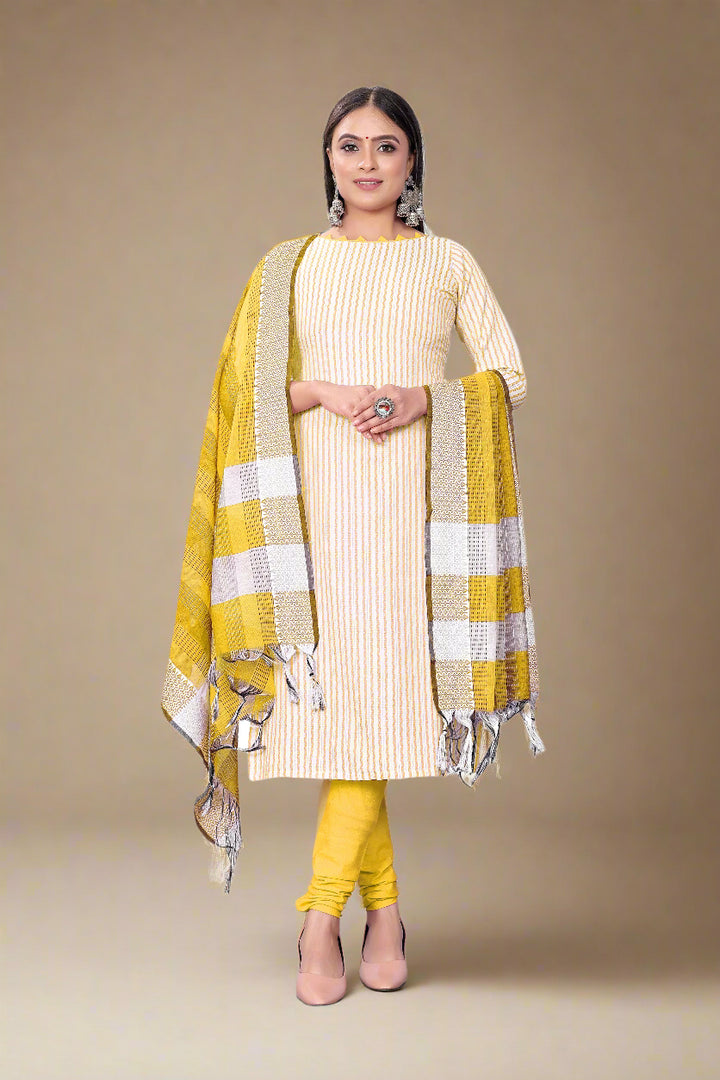 Cotton Wevon Designer Top | Stylish Cotton Bottom & Dupatta Set