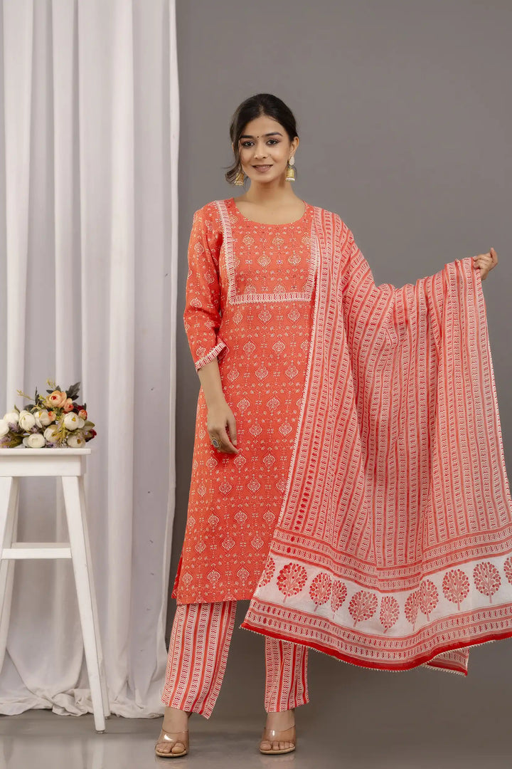 Orange Rayon Cotton Top & Bottom Set | Printed Gota Lace Mulmul Dupatta