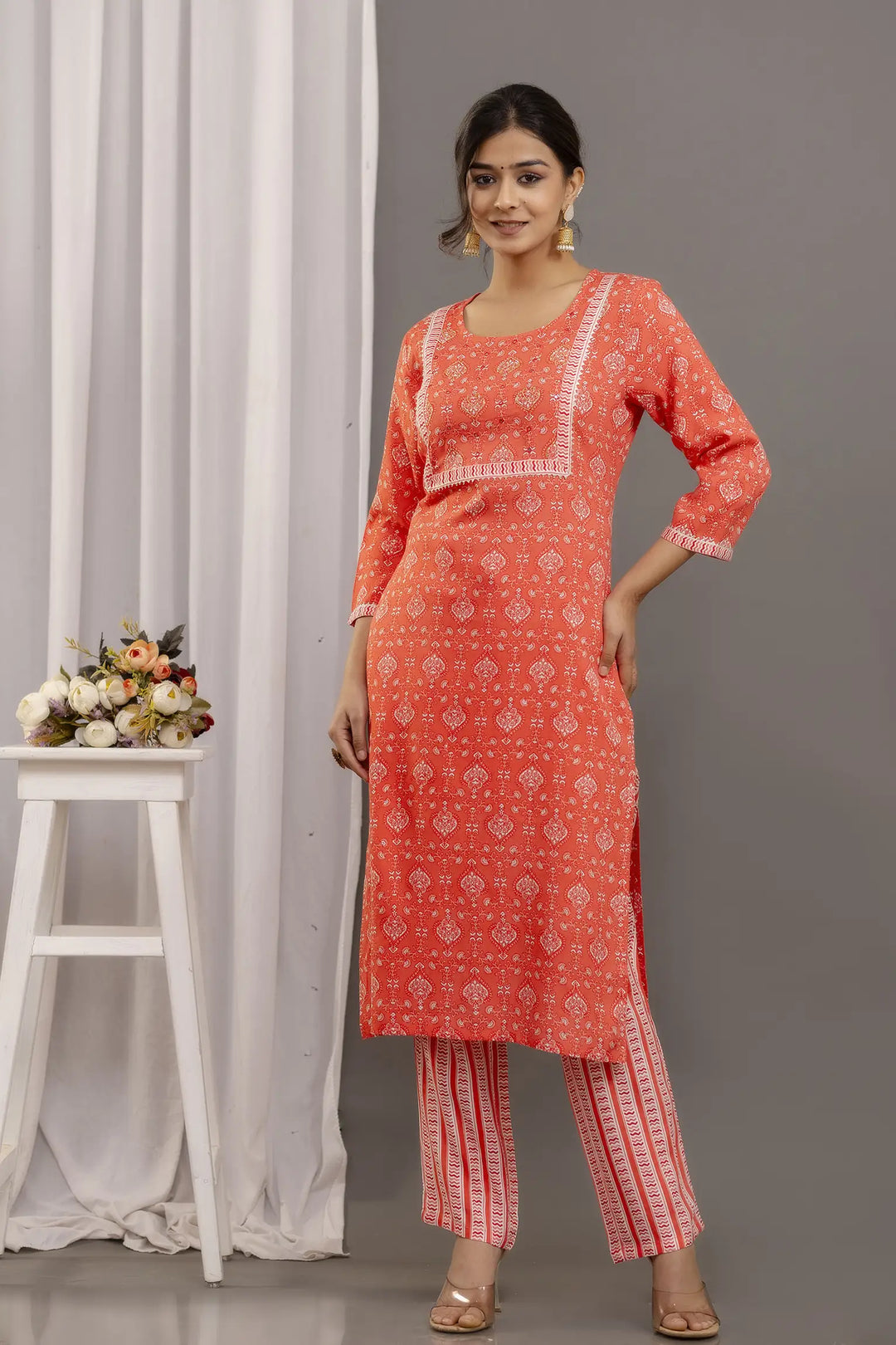 Orange Rayon Cotton Top & Bottom Set | Printed Gota Lace Mulmul Dupatta