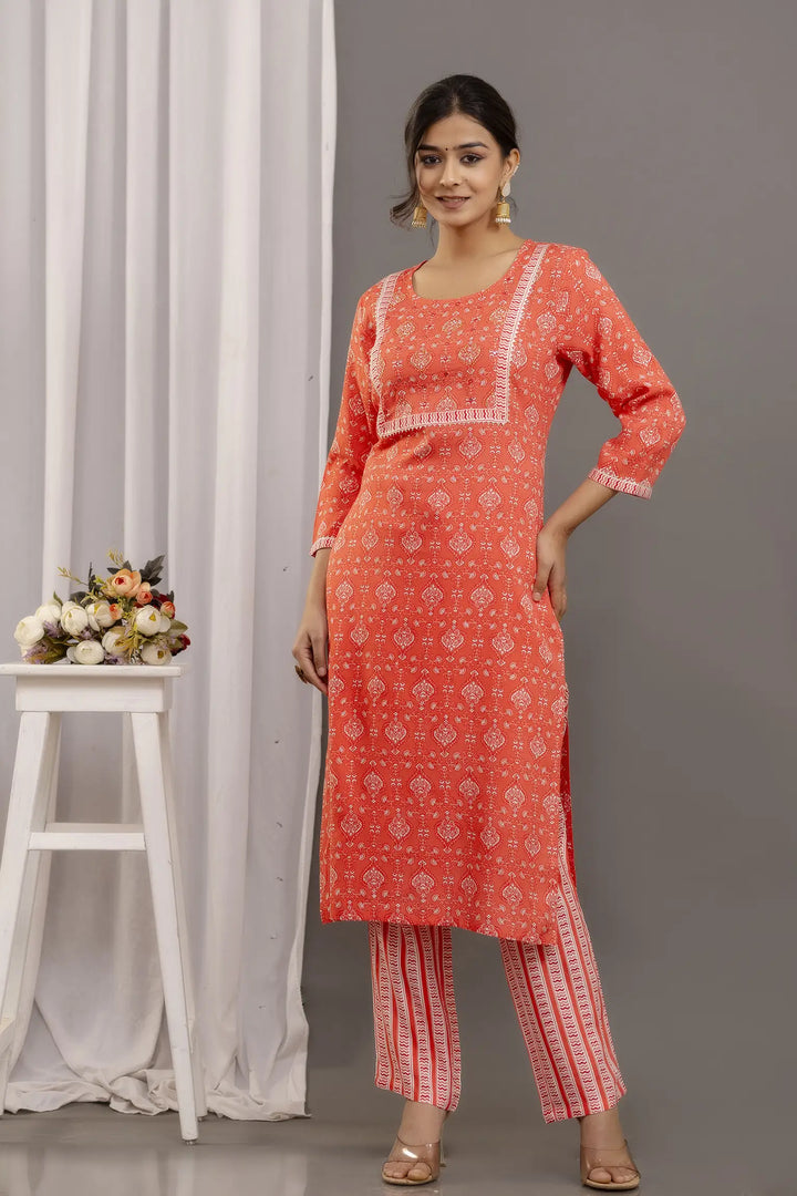 Orange Rayon Cotton Top & Bottom Set | Printed Gota Lace Mulmul Dupatta