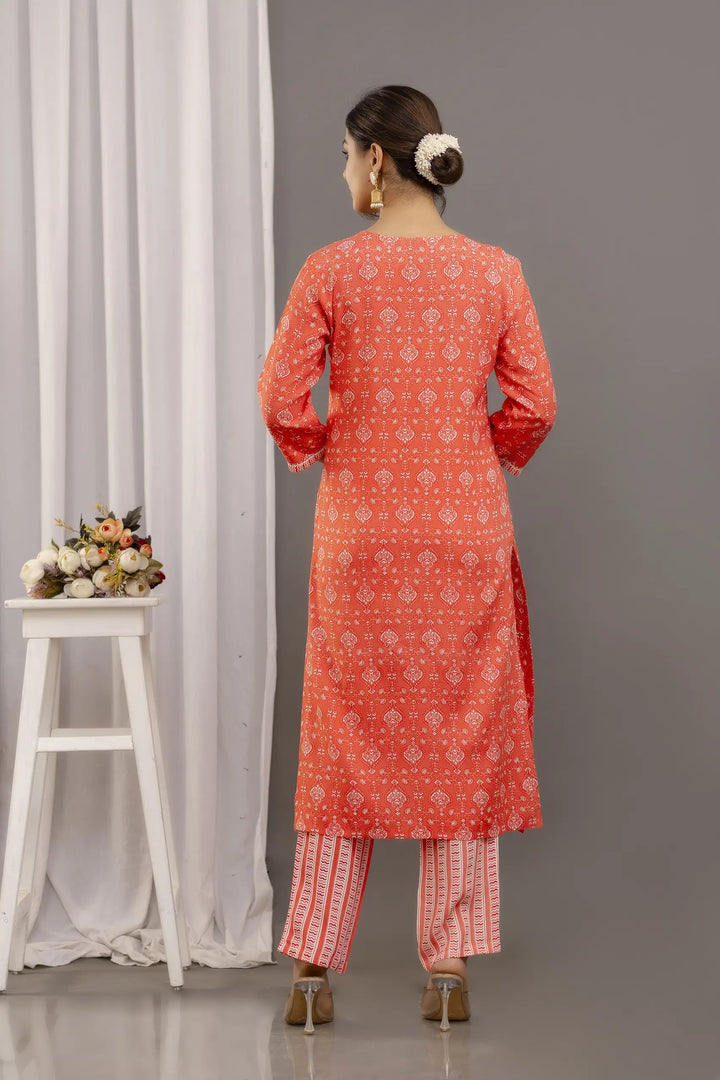 Orange Rayon Cotton Top & Bottom Set | Printed Gota Lace Mulmul Dupatta