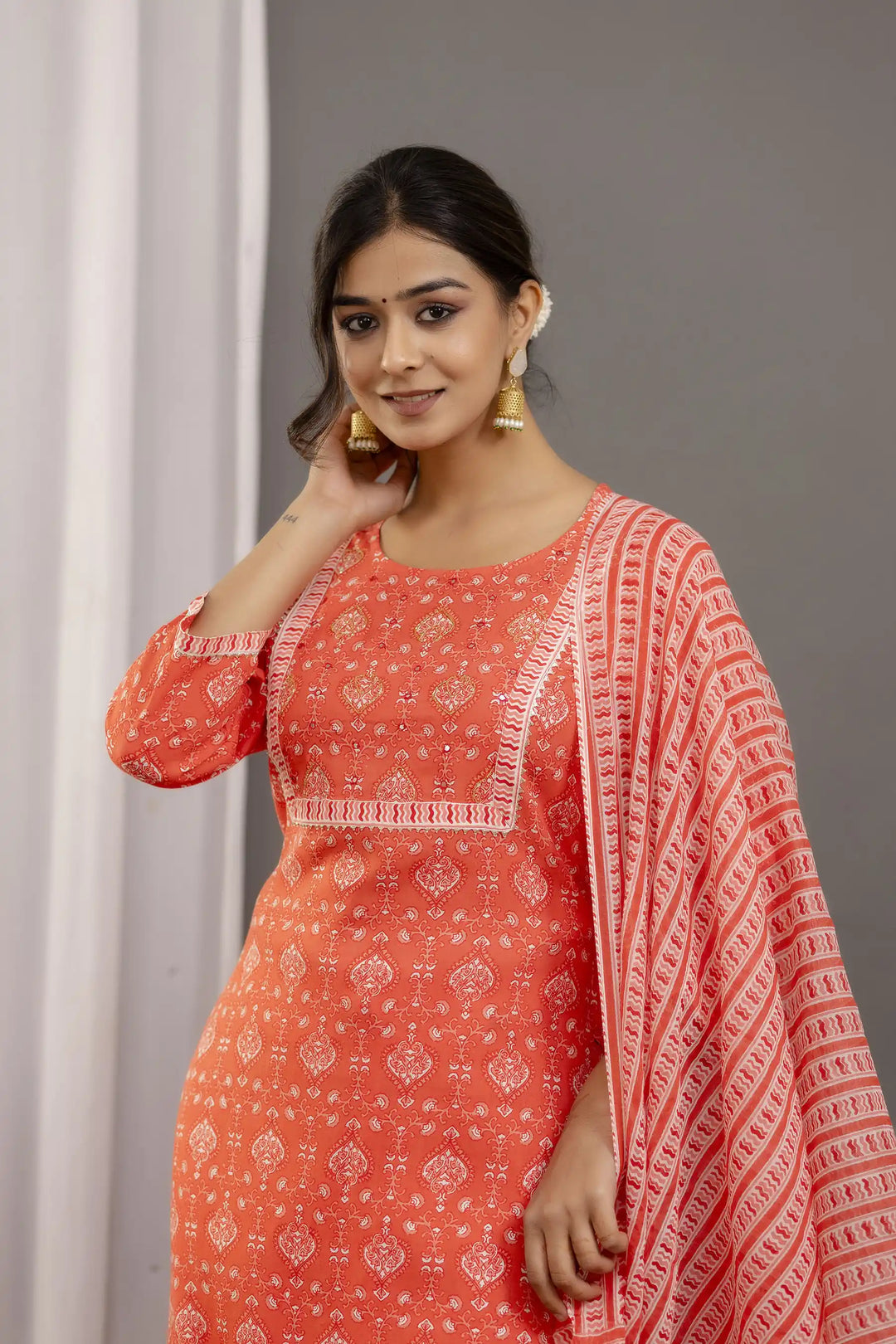 Orange Rayon Cotton Top & Bottom Set | Printed Gota Lace Mulmul Dupatta