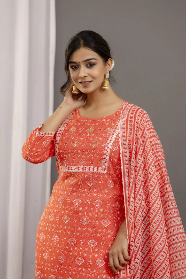 Orange Rayon Cotton Top & Bottom Set | Printed Gota Lace Mulmul Dupatta